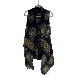 SAX Womens Sheer Vest Mandala Print Navy Blue Yellow Acrylic Open Front Bohemian
